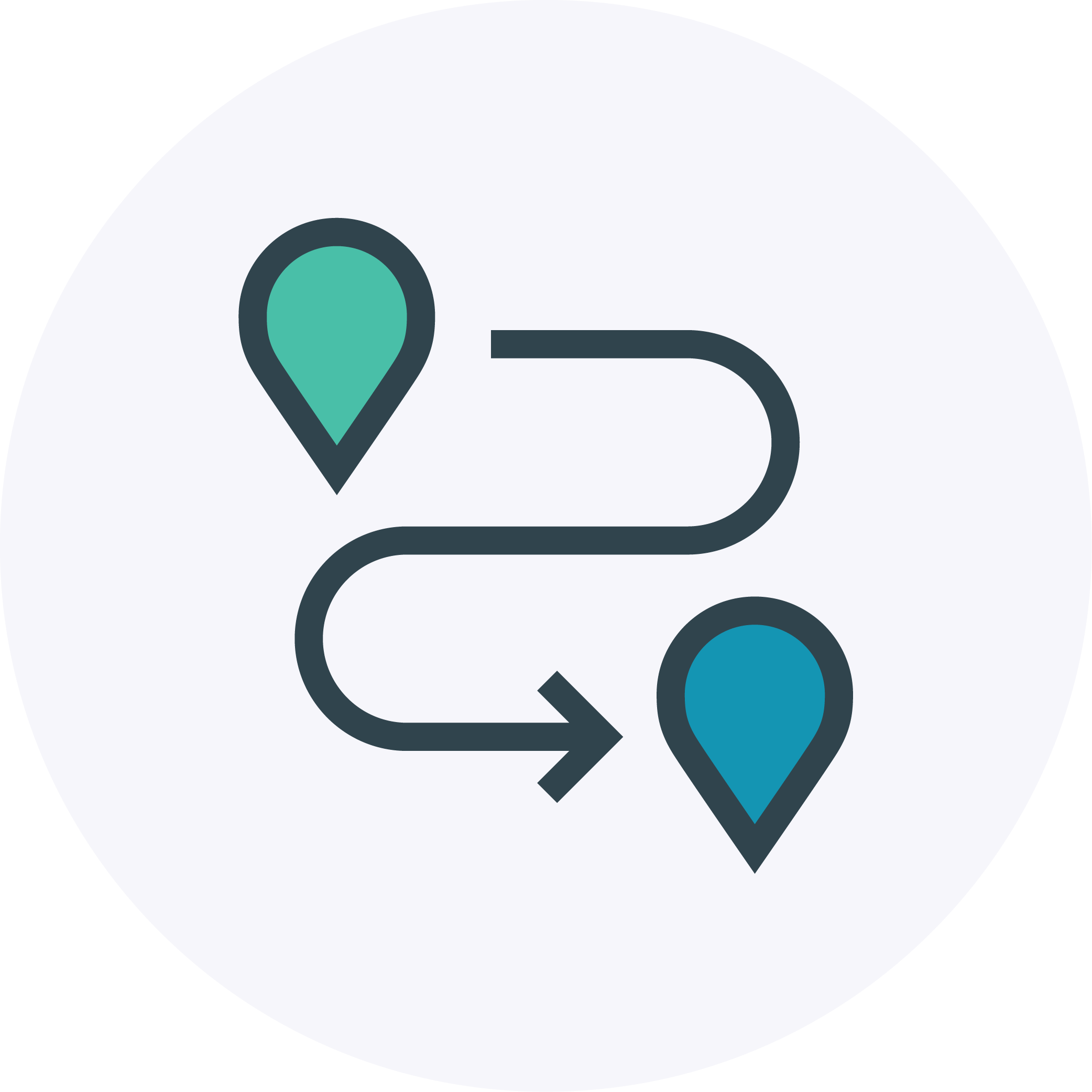 Training courses for the education industry icon showing two map pins joined by a curvy arrow.